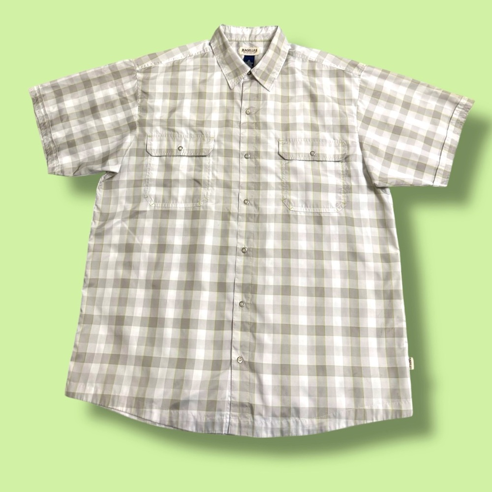 Magellan Gray Green Plaid Fishing Short Sleeve Shirt Button Front XL